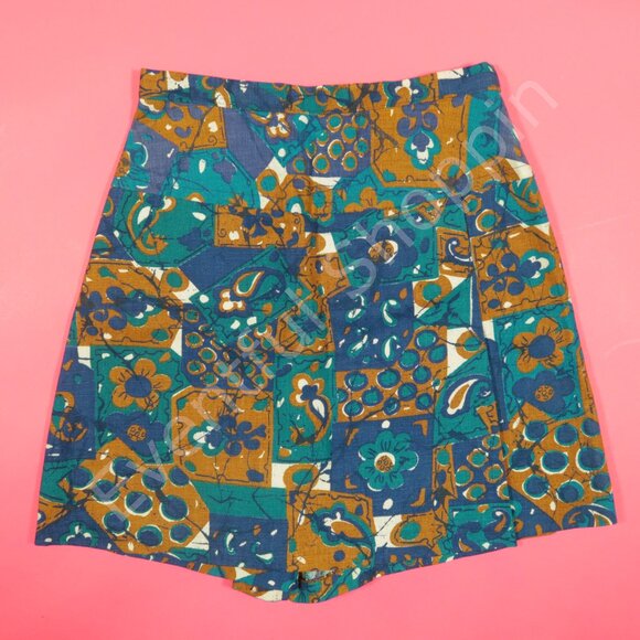 Vintage Mini Skirt Girls Size 8 Blue Teal Floral Cotton Unlined 70s New - Picture 2 of 6